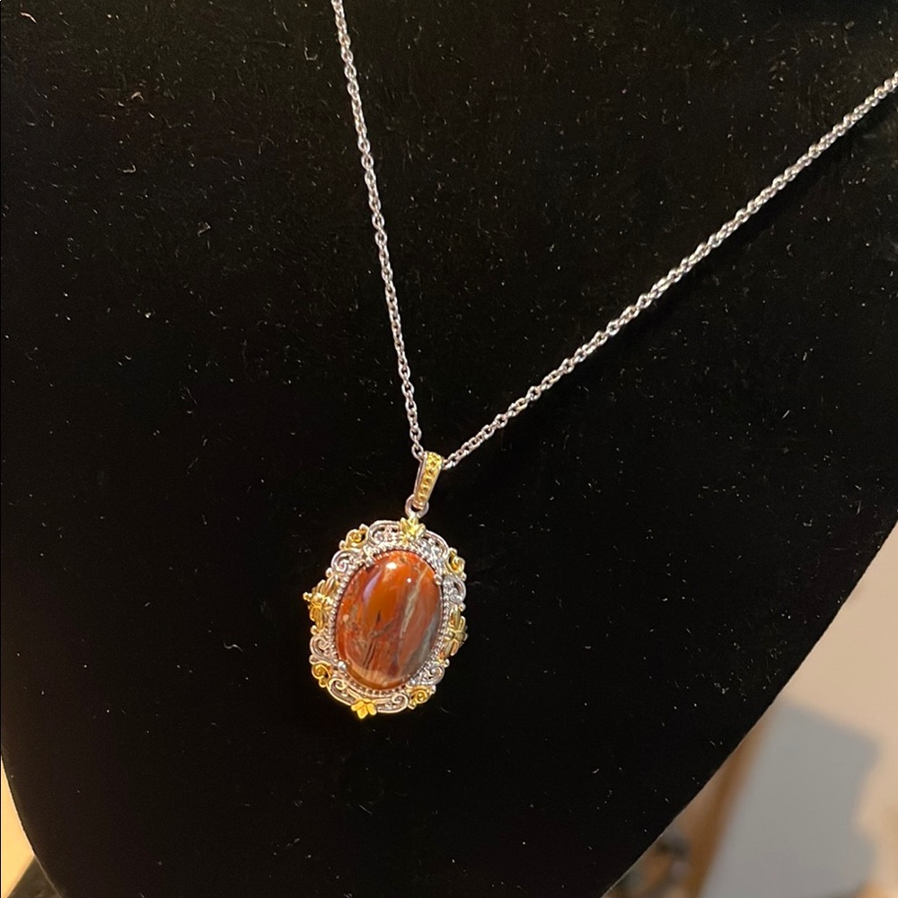 Elegant Poppy Jasper Silver and Gold Pendant Necklace
